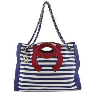 CHANEL Chain tote Tote Bag A47944 Cruise line border Navy blue cotton